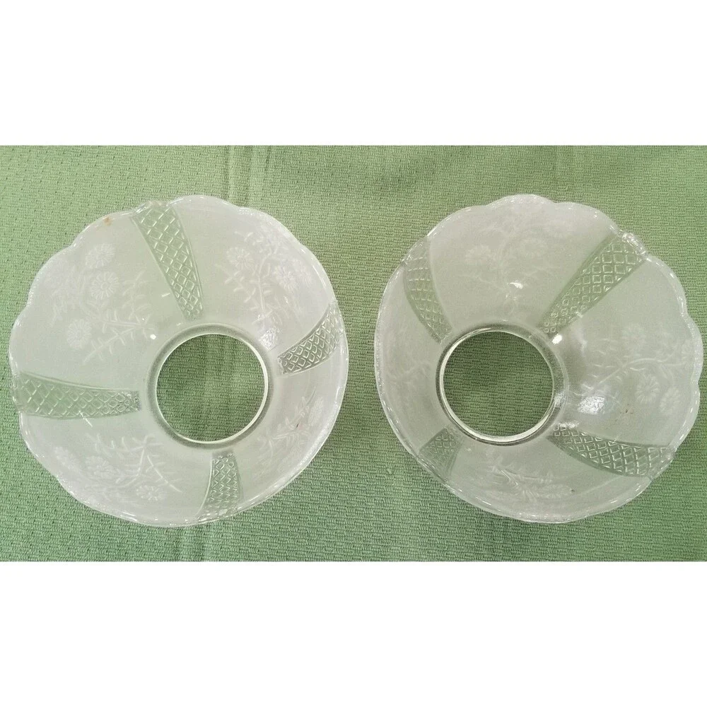 Vintage Frosted Glass Lamp Shades Pair – Floral & Diamond Pattern